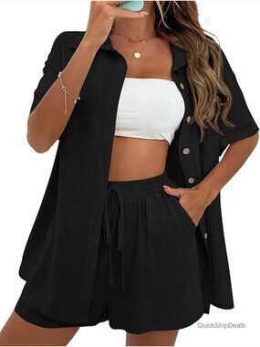 Women's Cotton Linen 2 Piece Short Set Lounge Beach Vacation Outfit